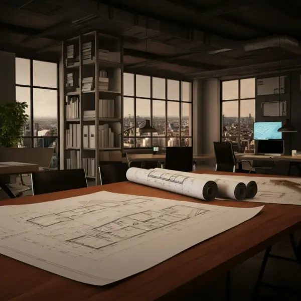 Blueprints / Building Plans spread out on a wooden table.