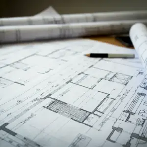 Blueprints / Building plans spread out on a wooden table