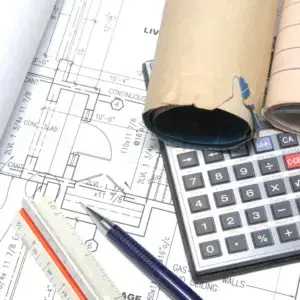 Blueprints, calculator, scale, pencil on table.
