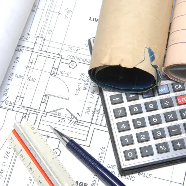 Blueprints, calculator, scale, pencil on table.