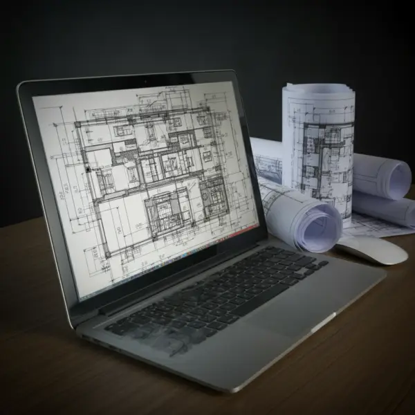Image of digital blueprints on a laptop